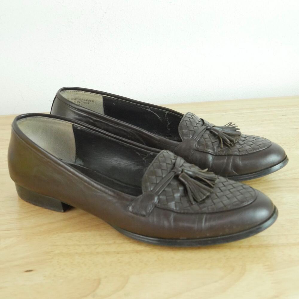 Vintage 8 Woven Leather Tassel Loafers Preppy Slip On Flats Heritage Brown 90s